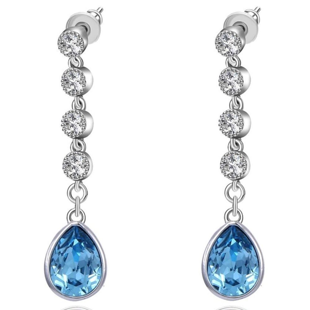 14K White Gold with Aquamarine Blue and Diamond Swarovski Crystal Post Earrings